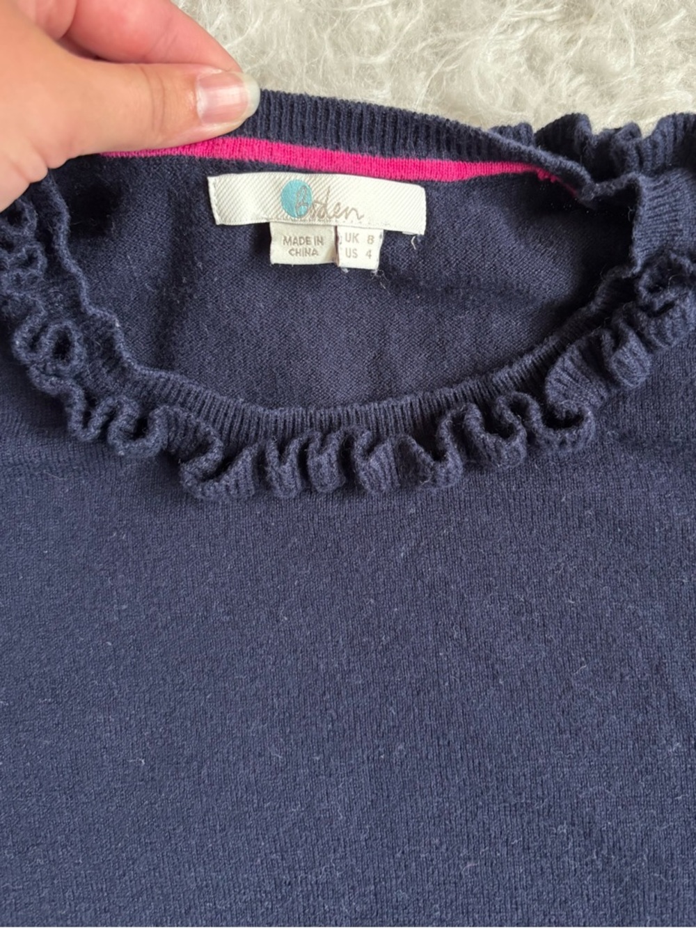 Boden Women’s Navy Cozy Wool Blend Sweater with Ruffle Trim - Picture 2 of 3